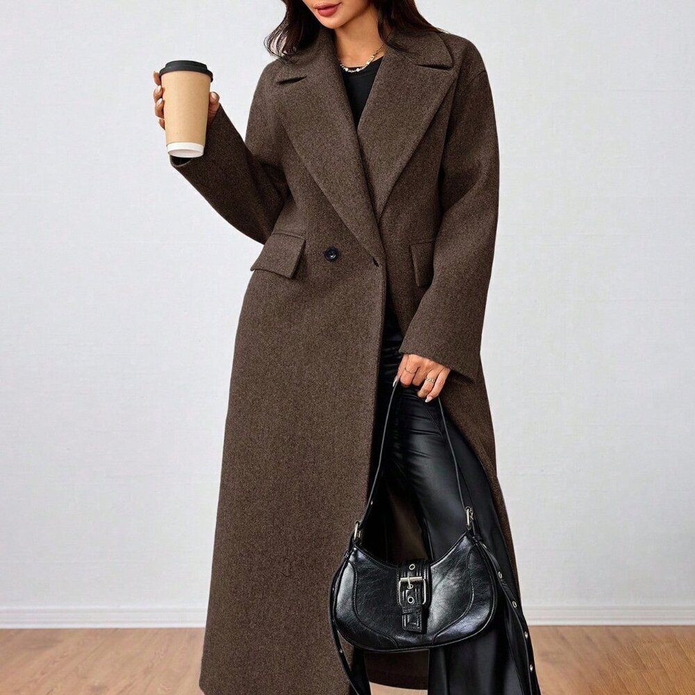 Coffee Brown Casual Women's Lapel Long Coat - Picture 4 of 6